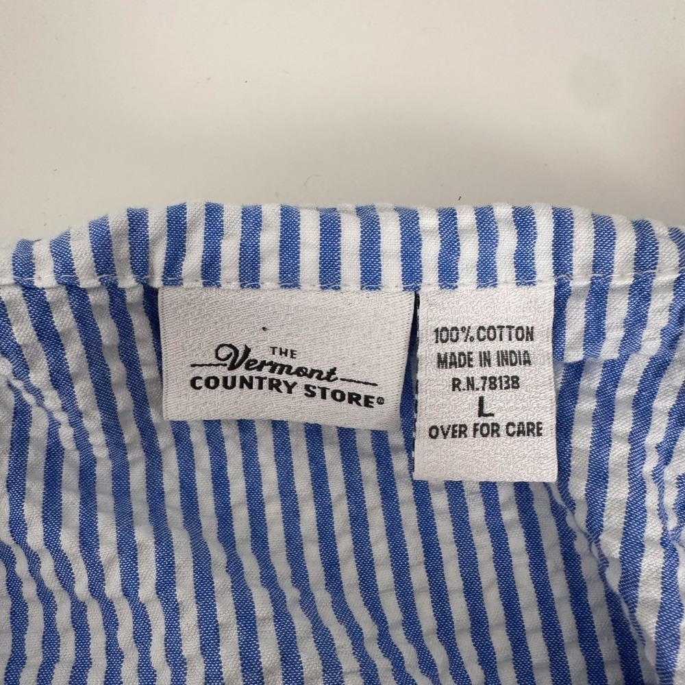 Vermont Country Store Cotton Seersucker Dress Blue White Stripe Button Front L - Picture 9 of 10